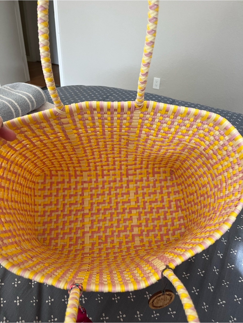 Maria Victoria Woven Yellow & Pink Tote with Colorful Tassel - Picture 2 of 2